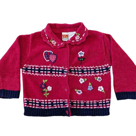 Vintage McKids Girls Cardigan Sweater Red Floral Long Sleeve Knit Collared 24M - Picture 1 of 7